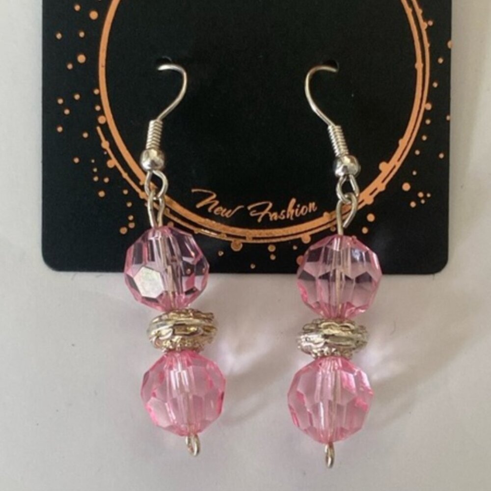 Handmade Light Pink & Silver Sparkle Dangle Beaded Earrings Vintage Style NWT